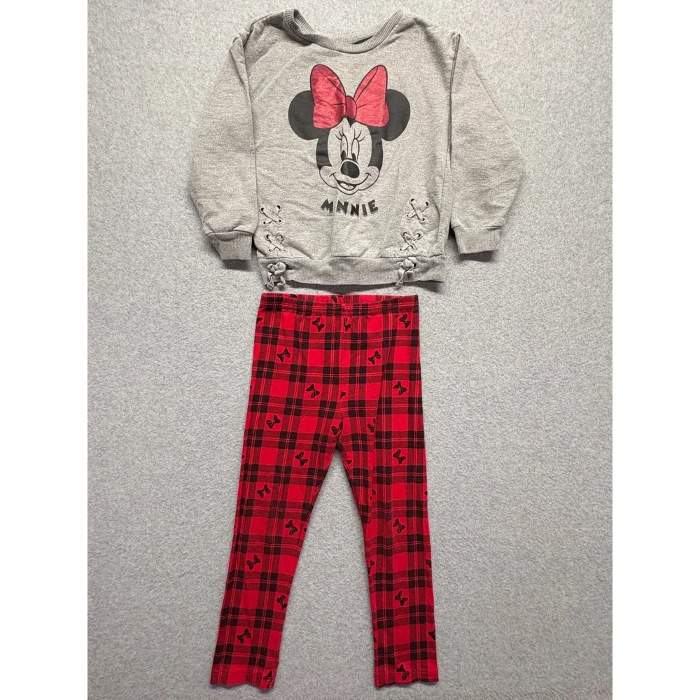 Disney Minnie Mouse Girls‎ 5T Sweatshirt and Plaid Leggings Set Grey Red 2pc